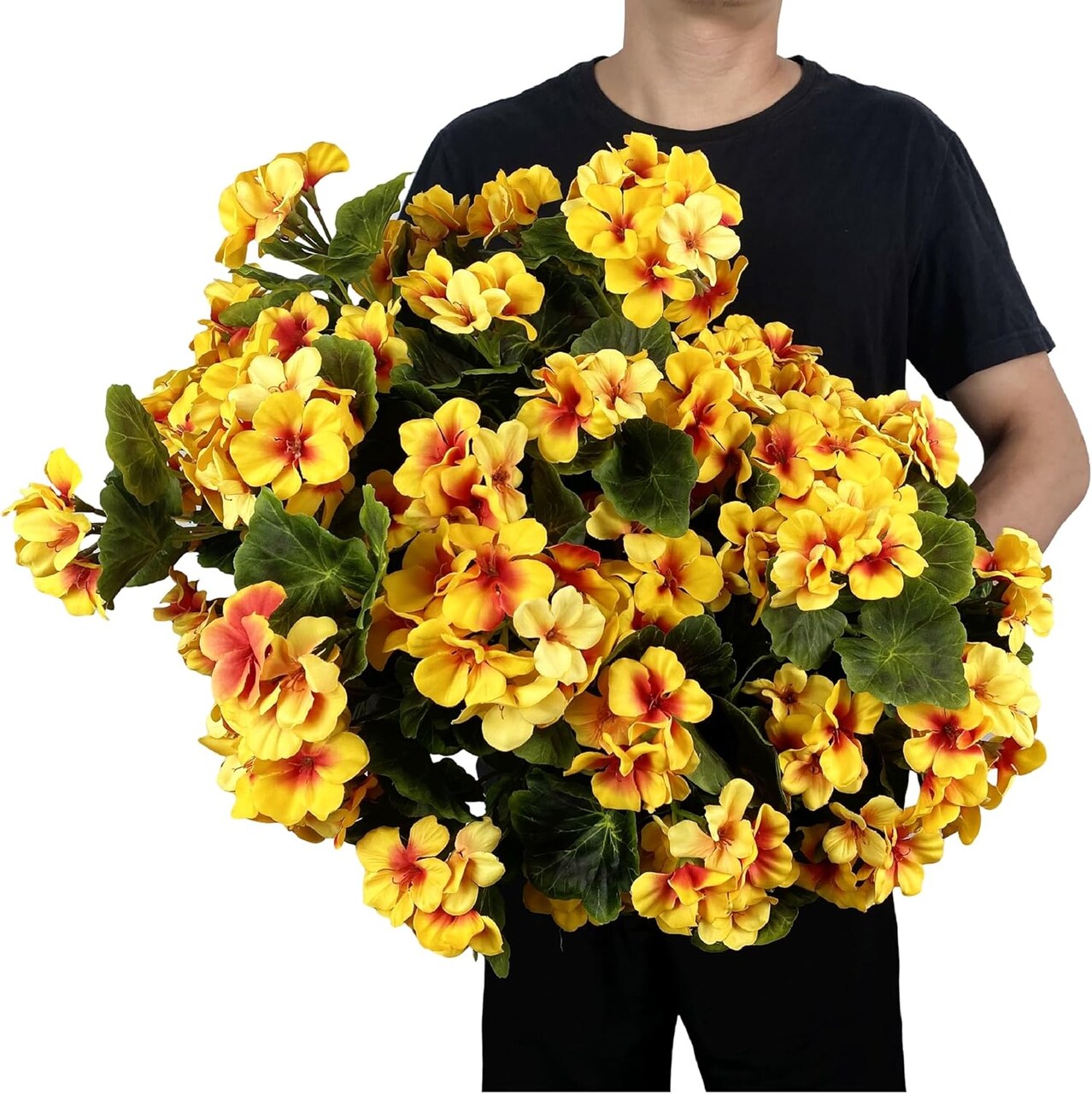Pack of 4 Artificial Geraniums – 17.7” Silk Fall Flower Bushes in Red & Yellow for Indoor & Outdoor Home, Garden, Wedding, Table Centerpieces, and Seasonal Décor